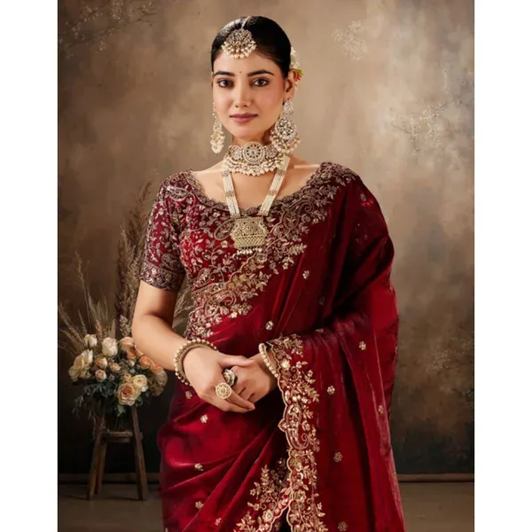 Maroon Silk Embroidered Saree with Unstitched Blouse Piece - 5.5 m - Image 5