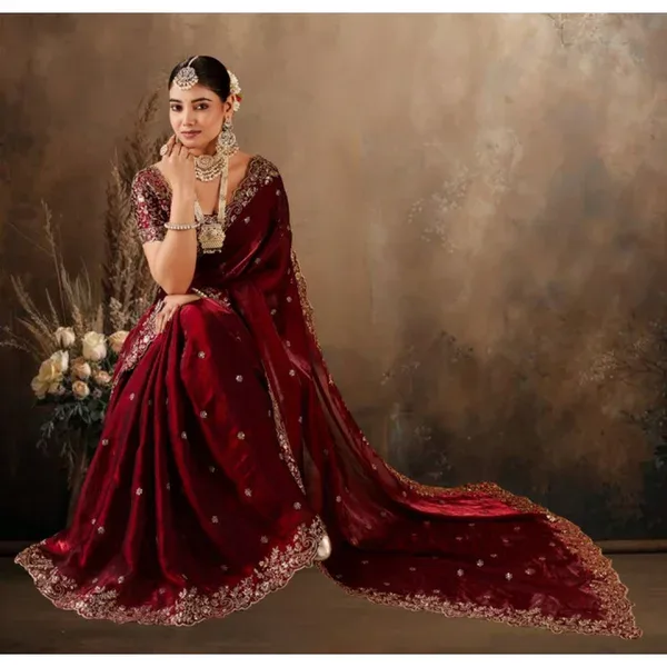 Maroon Silk Embroidered Saree with Unstitched Blouse Piece - 5.5 m - Image 4