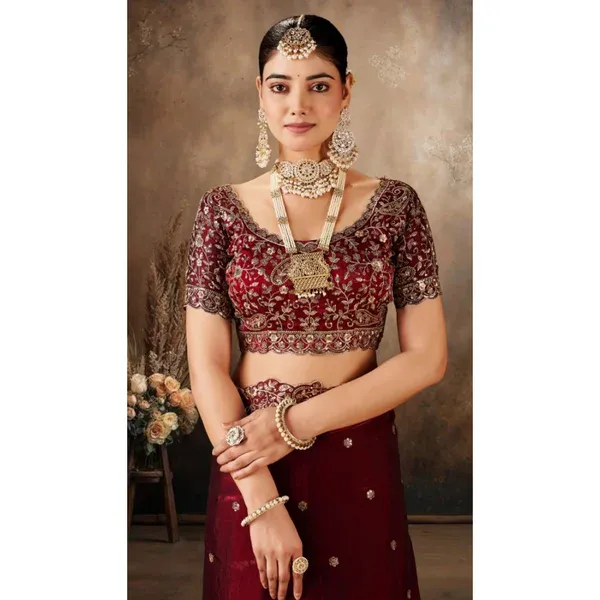 Maroon Silk Embroidered Saree with Unstitched Blouse Piece - 5.5 m - Image 3