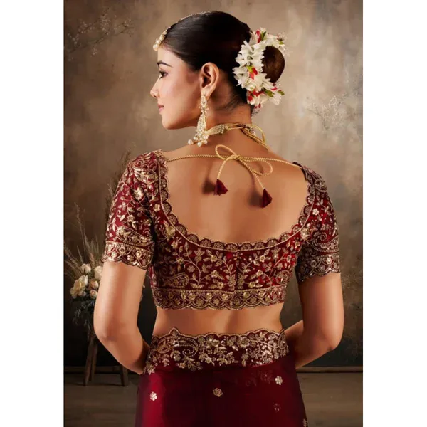 Maroon Silk Embroidered Saree with Unstitched Blouse Piece - 5.5 m - Image 2