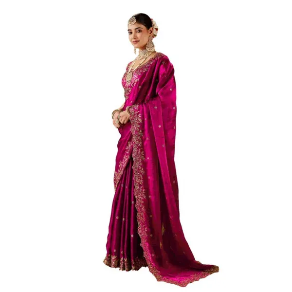 Pink Silk Embroidered Saree with Unstitched Blouse Piece - 5.5 m - Image 7