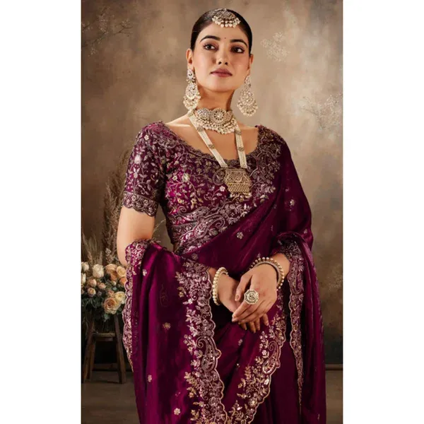 Wine Silk Embroidered Saree with Unstitched Blouse Piece - 5.5 m - Image 1