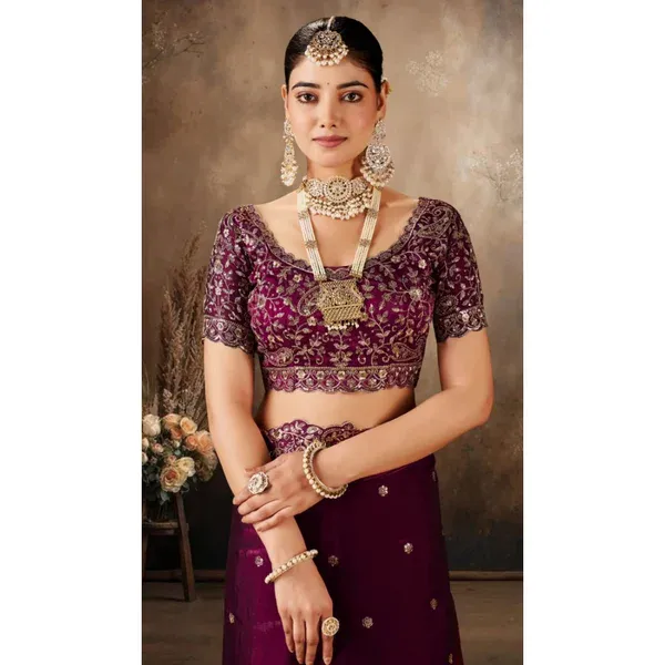 Wine Silk Embroidered Saree with Unstitched Blouse Piece - 5.5 m - Image 3