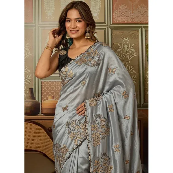 Women's Grey Viscose Silk Saree - Embroidered 5.5 m with Blouse Piece - Image 1