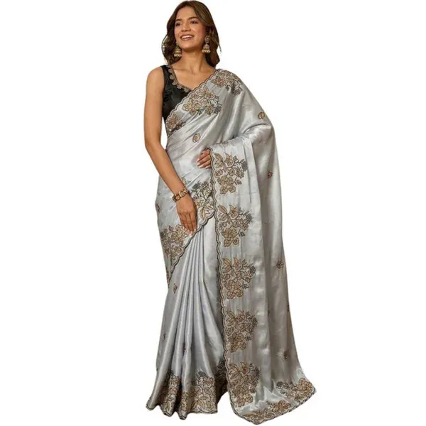 Women's Grey Viscose Silk Saree - Embroidered 5.5 m with Blouse Piece - Image 5