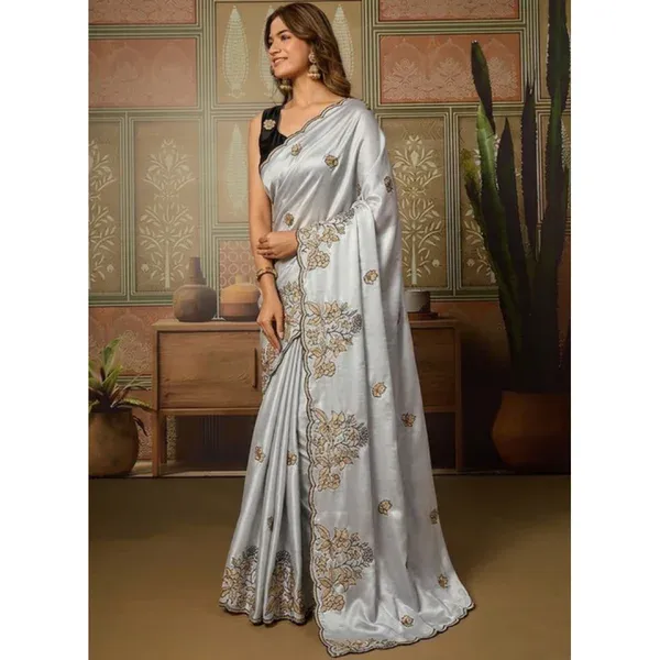 Women's Grey Viscose Silk Saree - Embroidered 5.5 m with Blouse Piece - Image 4