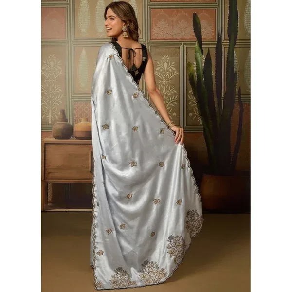 Women's Grey Viscose Silk Saree - Embroidered 5.5 m with Blouse Piece - Image 3