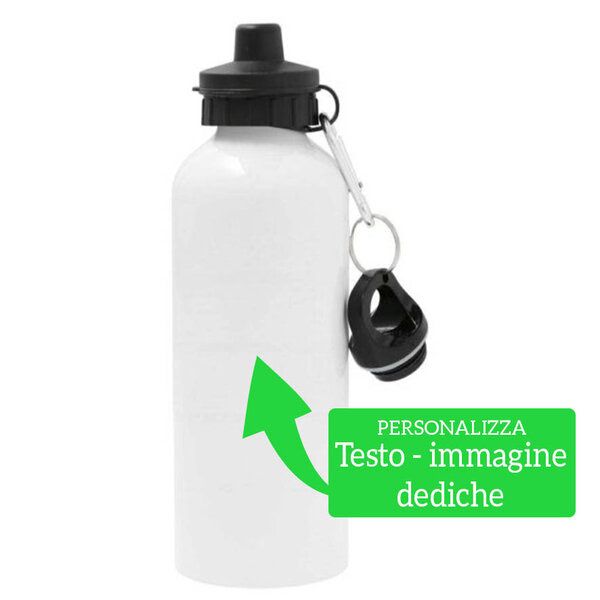 Borraccia con DOPPIO TAPPO a vite e moschettone Sublimatica in Alluminio BIANCO 750 ml. H 25 cm. Ø 7,3 cm.