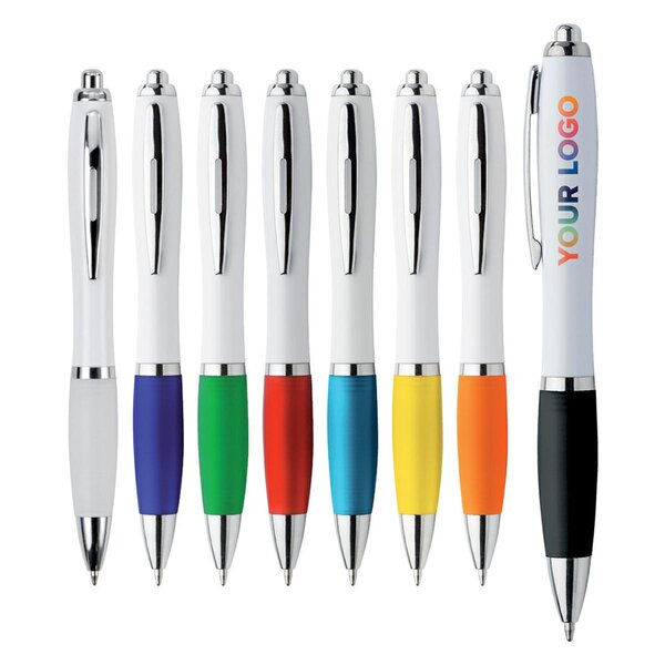 Penna in plastica con clip in metallo. Refill nero. Impugnatura in plastica gommata.