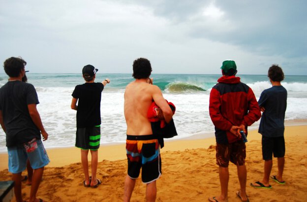 The crew checking the waves at Bluff.