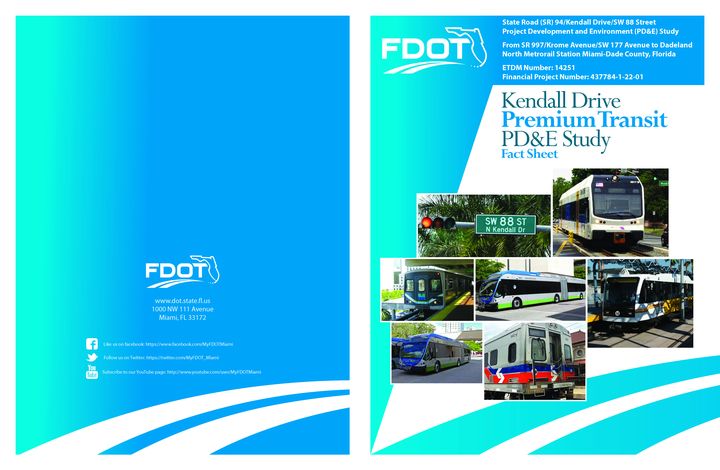 Blue tri-fold fact sheet for the Kendall Drive Premium Transit PD&E Study with photos of buses.