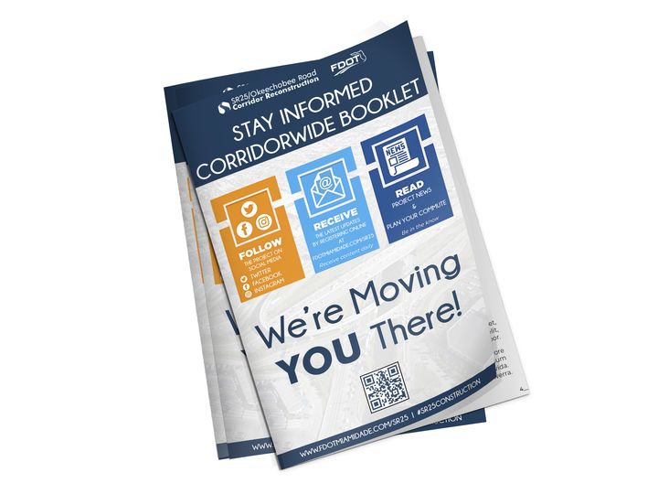 Mock-up of an open booklet titled Stay Informed, Corridor-Wide Booklet, with the line We’re moving you there.