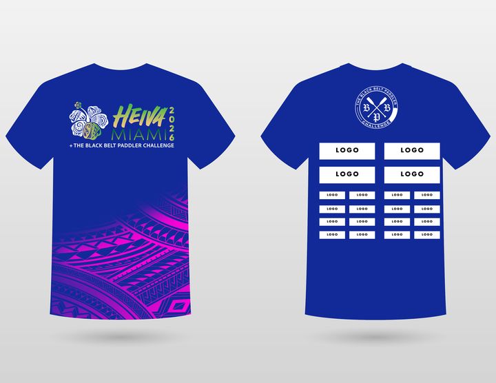 Blue T-shirt mockup with the Heiva Miami logo on the front and a sponsor logo grid on the back.