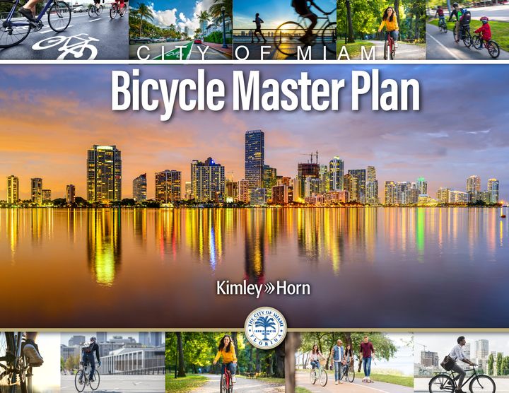 Report cover titled City of Miami Bicycle Master Plan with the Miami skyline at sunset and photos of people biking.