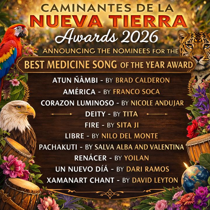 Ornate awards graphic with parrots, eagles and jaguars announcing the nominees for the Caminantes de la Nueva Tierra Awards 2026.