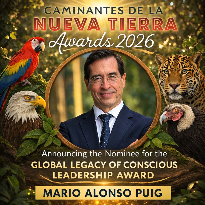 Awards graphic with a portrait in a gold frame announcing a nominee for the Global Legacy of Conscious Leadership Award.