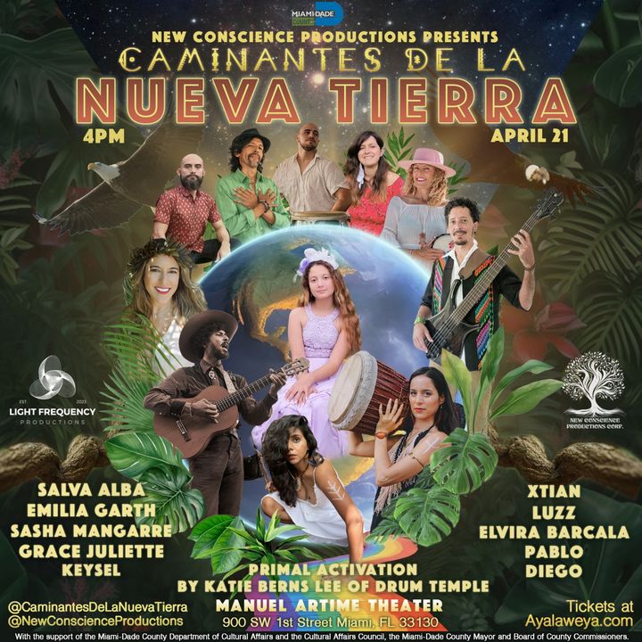 Festival poster for Caminantes de la Nueva Tierra at the Manuel Artime Theater, with a collage of performers around a glowing globe.