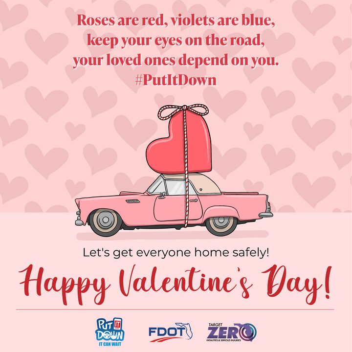 Pink Valentine’s Day graphic with a vintage car carrying a heart and a poem reminding drivers to keep their eyes on the road.