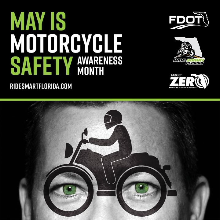 Black-and-white close-up of a face whose goggles form the wheels of a motorcycle drawing, under the headline May is Motorcycle Safety Awareness Month.