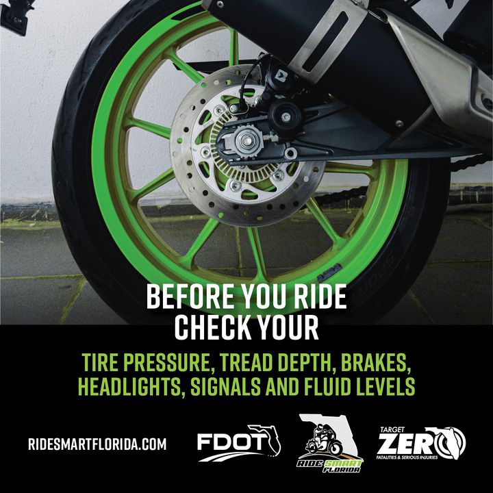Motorcycle wheel with green accents and the headline Before you ride, check your tire pressure, tread depth, brakes, headlights, signals and fluid levels.