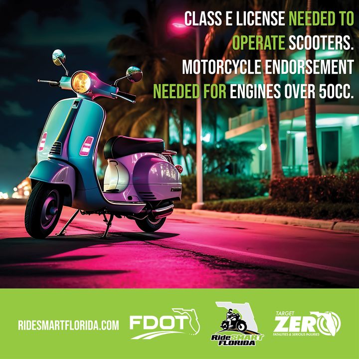 Vintage scooter under pink neon light with text about Class E licenses and motorcycle endorsements for engines over 50cc.