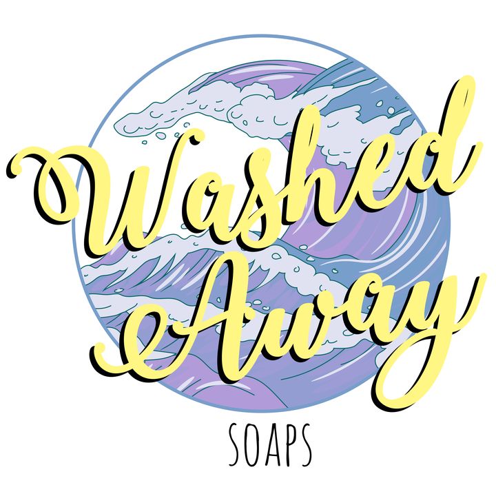 Washed Away Soaps logo in yellow script over a purple wave.