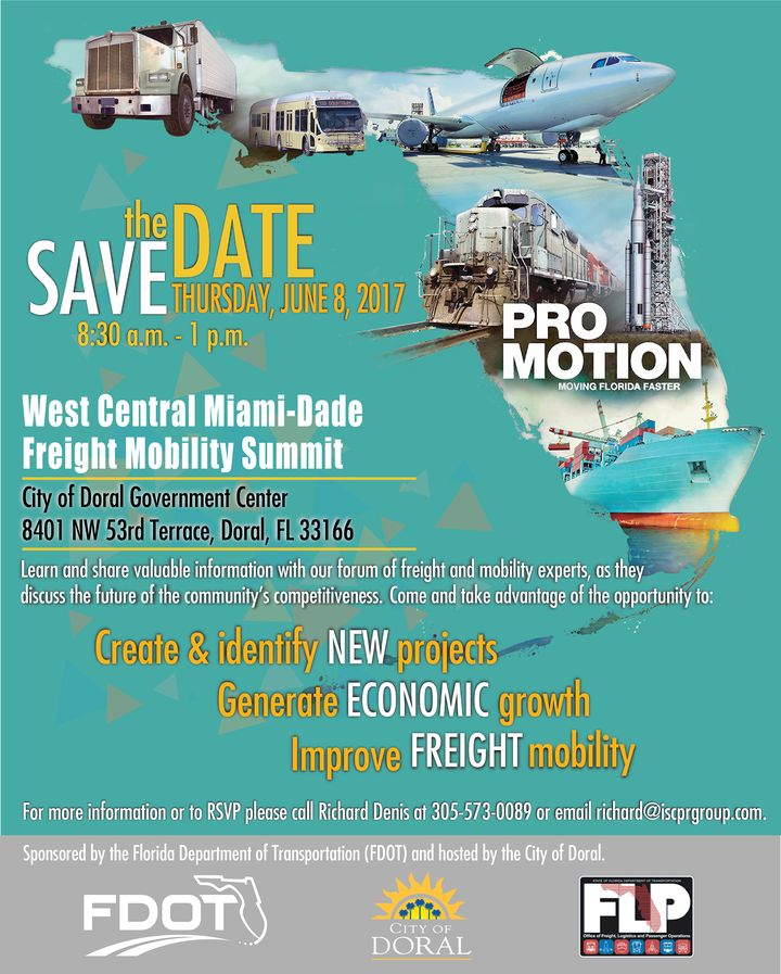 Teal save-the-date flyer for the West Central Miami-Dade Freight Mobility Summit with trucks, planes and trains.