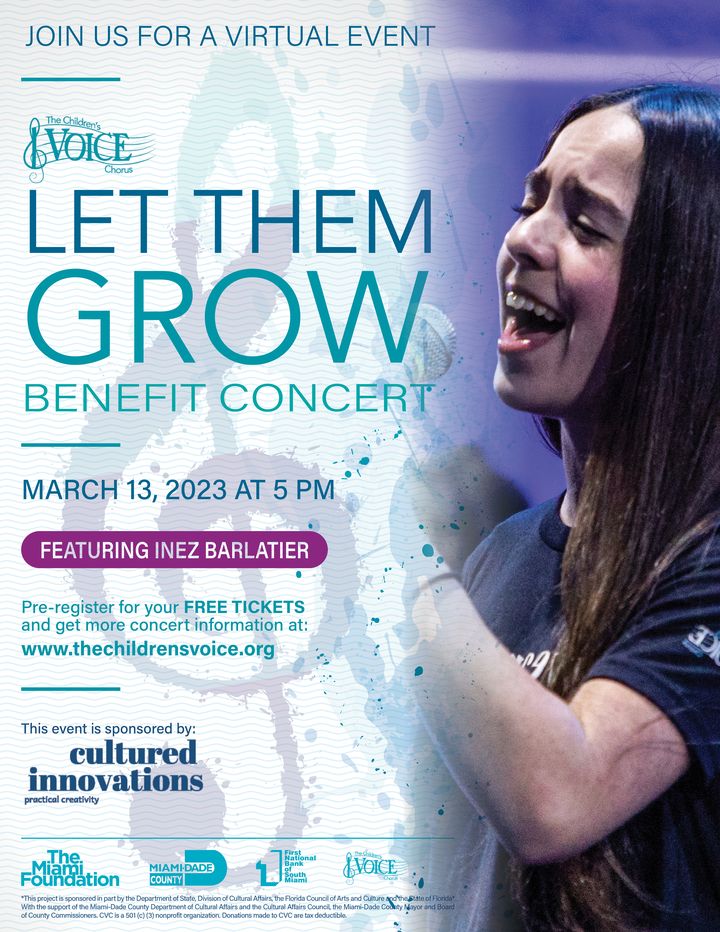 Flyer reading Let Them Grow, benefit concert, with a young singer performing into a microphone.
