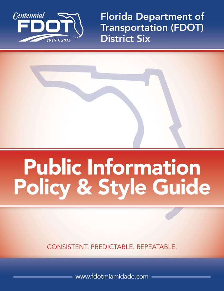 Cover of the FDOT District Six Public Information Policy and Style Guide with an outline map of Florida.