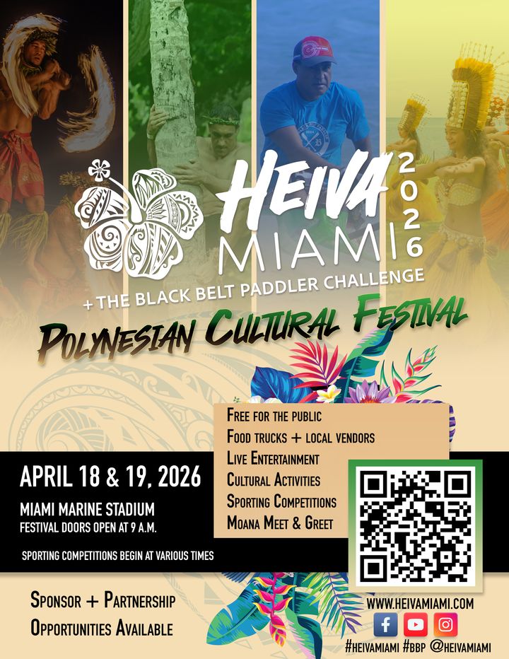 Colorful Heiva Miami Polynesian Cultural Festival flyer with dancers, hibiscus art and event details for April 18 and 19, 2026.