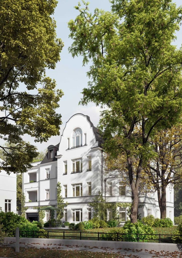 The white façade of the RALF SCHMITZ townhouse Karlstrasse in Hamburg-Uhlenhorst