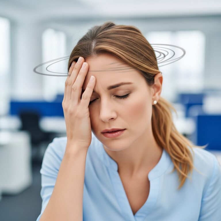 dizzy dirty blonde woman in blue shirt holding her head and closing her eyes