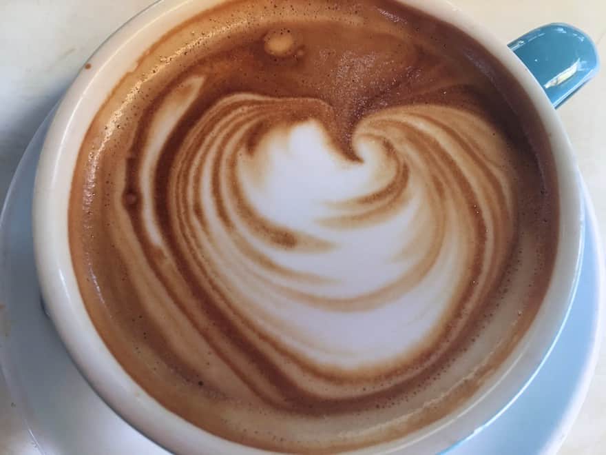 View of a flat white coffee from above