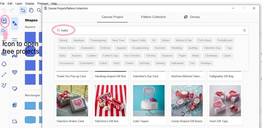 Free projects in Canvas Workspace from Brother for the Scan N Cut cutting machine. Ability to search by inserting a keyword.