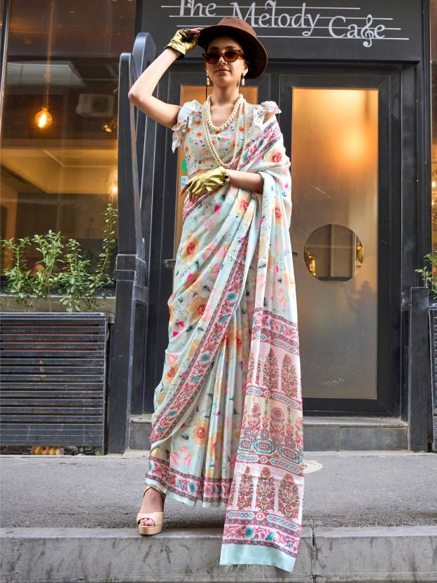 Off White Elegant Bollywood Satin Printed Saree: Your Go-To Party & Festive Wear