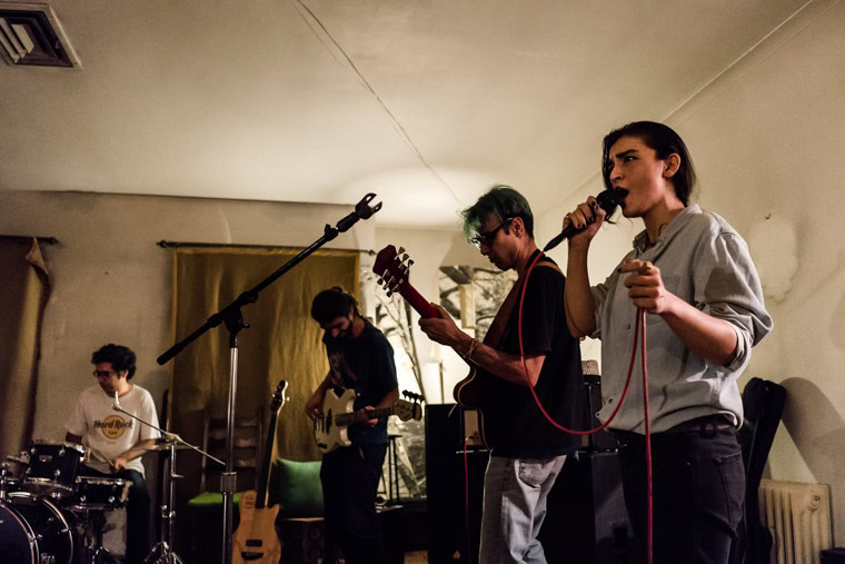 Iranian female vocalist Meshkat singing during an illegal jam session at a private flat in Tehran, Iran.