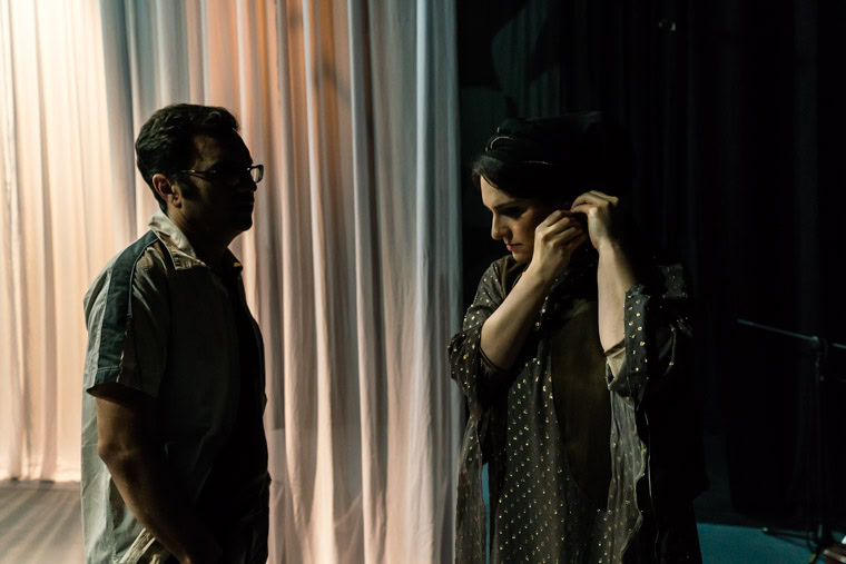 ranian female vocalist Hannah Kamkar preparing to go on stage at the Tehran Independetn Theater, while talking to her director.