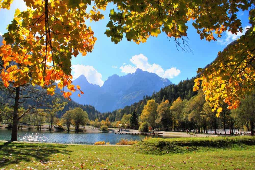 slovenia beautiful places, autumn trees, mountains, lake jasna