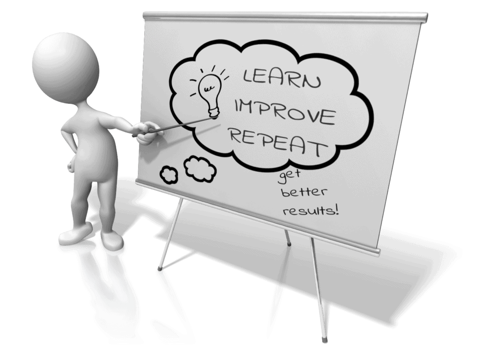 A trader pointing to a whiteboard with the words learn improve repeat.