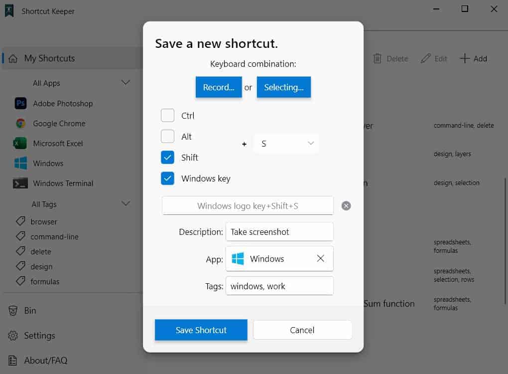 Manually selecting a shortcut to save.