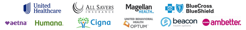 Logo of different insurances supported at Positive Recovery Centers. The listed insurances are: United Healthcare, All Savers Insurance, Magellan health, BlueCross BlueShield, Aetna, Humana, Cigna, United Behavioral Health Optum, Beacon Health Options, and Ambetter