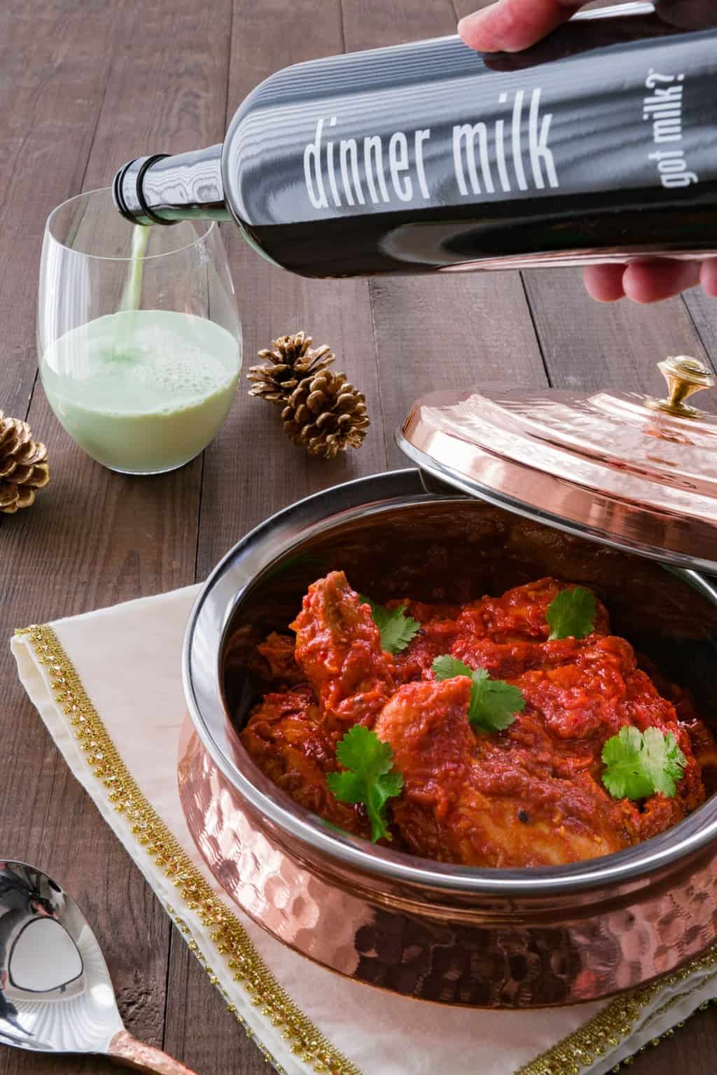 Fiery Chicken Curry with Cucumber Milk Cucumber and mint infused milk tames the fire of this chicken and caramelized onion curry.