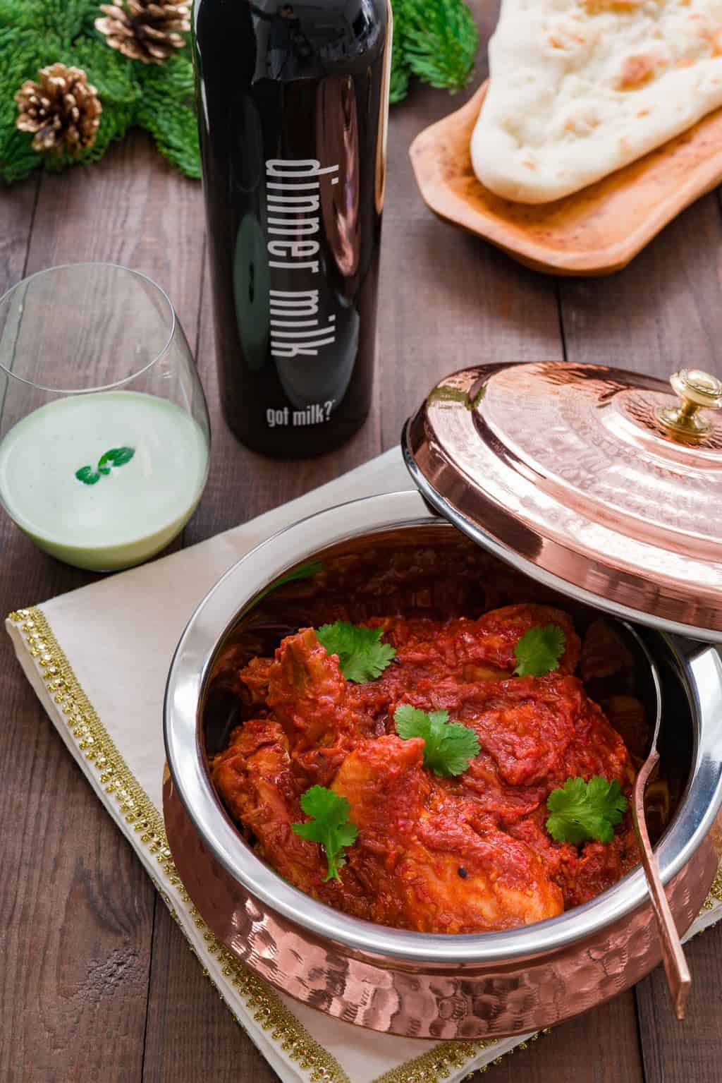 Fiery Chicken Curry with Cucumber Milk A fiery chicken and caramelized onion curry with cucumber and mint infused milk to tame the spicy curry.