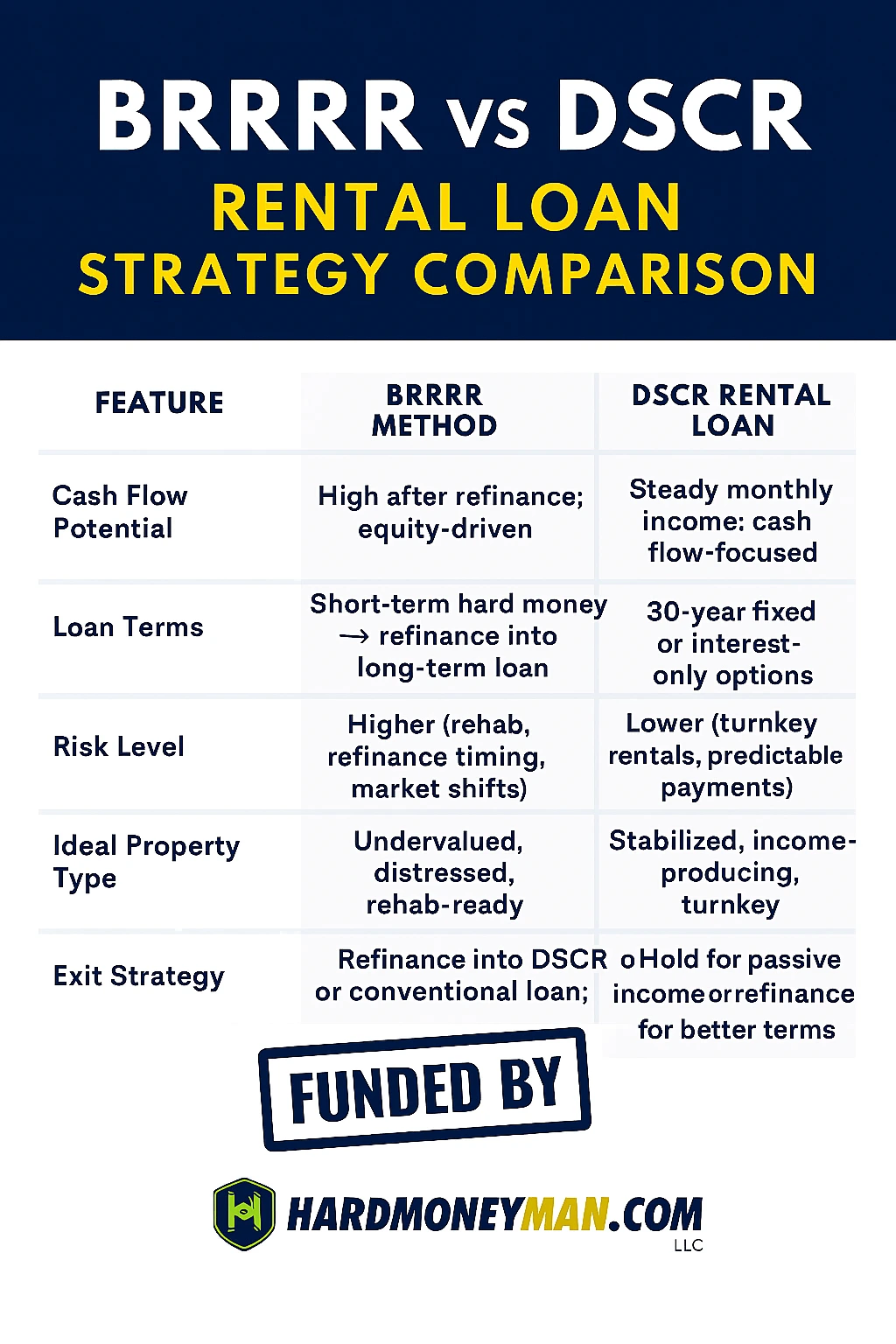 BRRRR vs DSCR Which Rental Strategy Wins Infographic comparing BRRRR and DSCR rental loan strategies across five key features: cash flow potential, loan terms, risk level, ideal property type, and exit strategy. Designed with HardMoneyMan.com LLC branding.