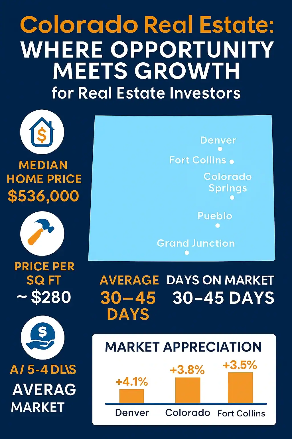 Colorado Real Estate Where Opportunity Meets Growth Infographic highlighting Colorado’s top investment cities—Denver, Colorado Springs, Fort Collins, Pueblo, and Grand Junction—alongside key real estate metrics including median home price, price per square foot, average days on market, and projected appreciation rates. Includes icons for flipping, building, and renting.