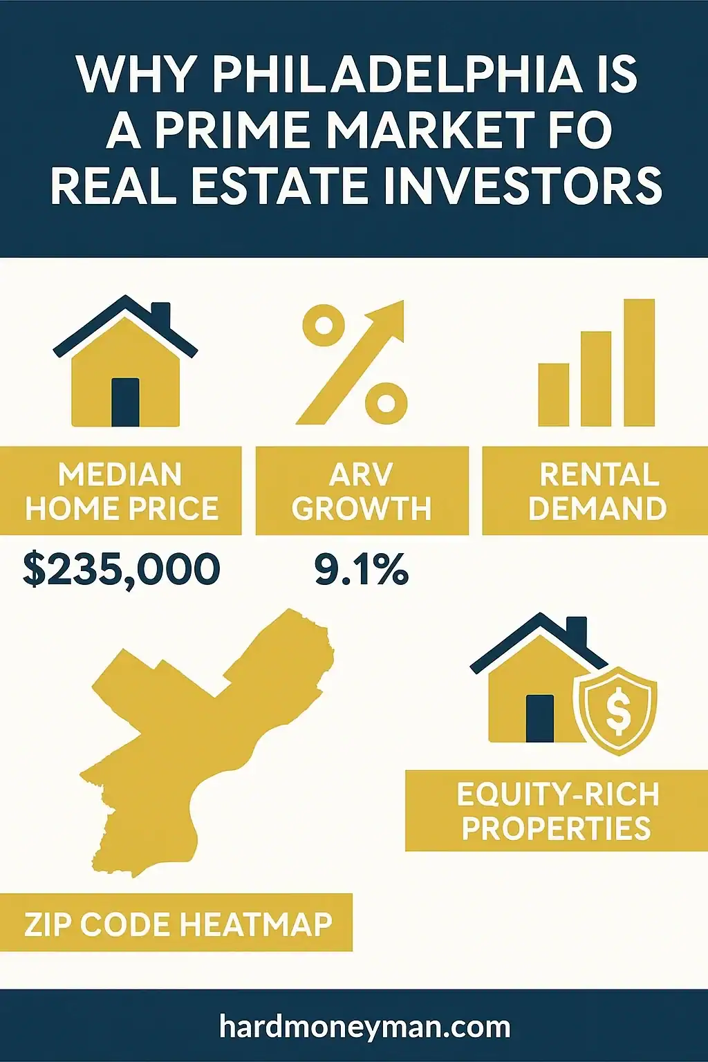 Why Philadelphia Is a Prime Market for Real Estate Investors Infographic highlighting Philadelphia’s real estate investment potential, including median home price, ARV growth, rental demand, equity-rich properties, and a zip code heatmap of top-performing areas.