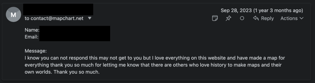 Screenshot from a user thanking for the website's existence