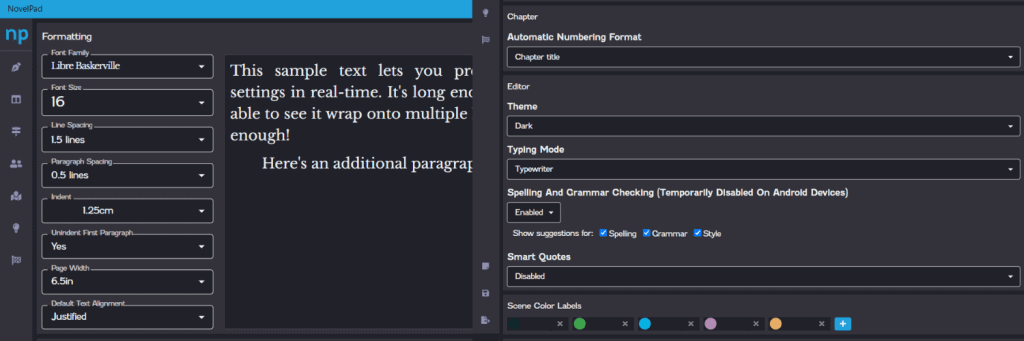 novelpad settings