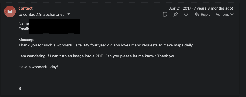 Screenshot from a user thanking for the website's existence