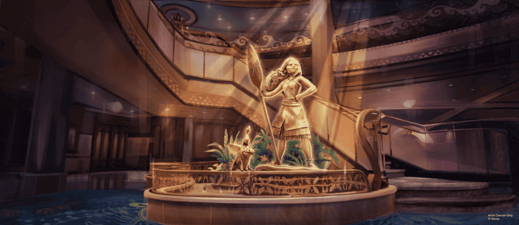 Grand Disney Cruise family statue in luxurious cruise ship lobby.